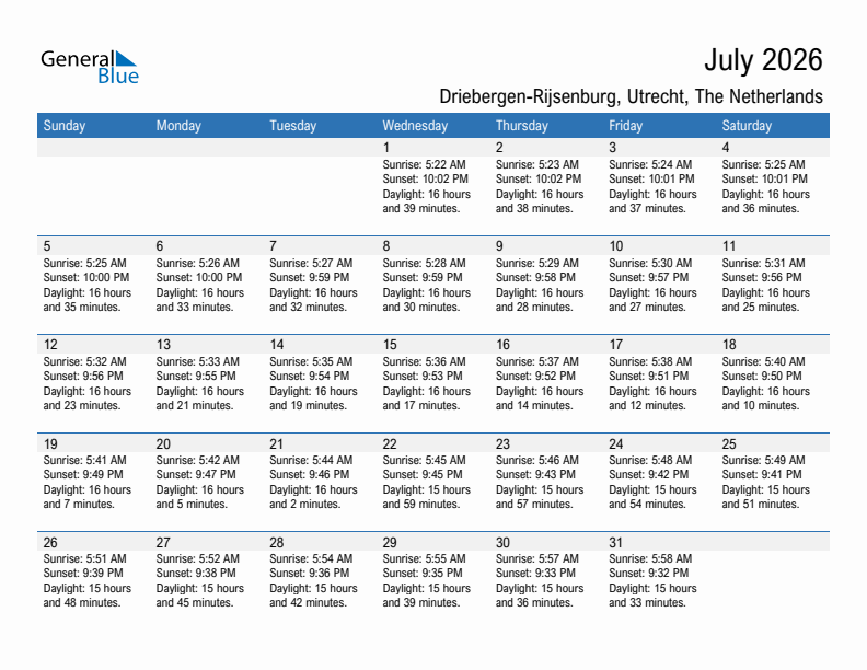 Driebergen-Rijsenburg July 2026 sunrise and sunset calendar in PDF, Excel, and Word