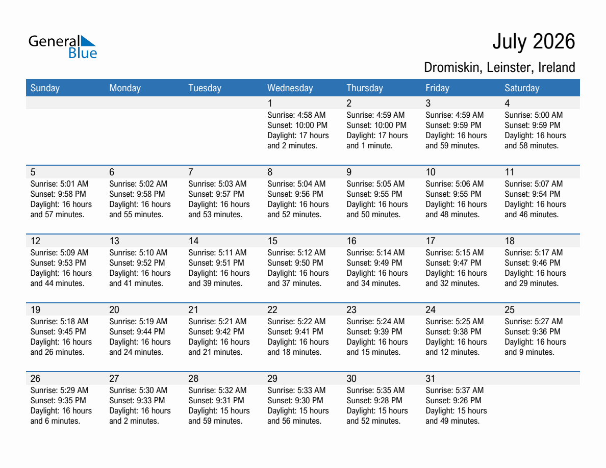 July 2026 sunrise and sunset calendar for Dromiskin