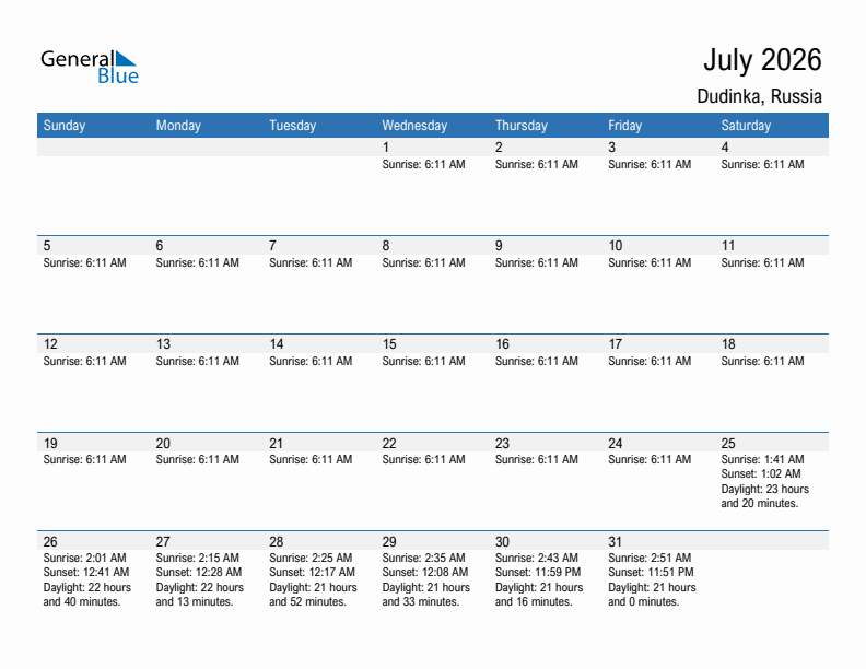 Dudinka July 2026 sunrise and sunset calendar in PDF, Excel, and Word