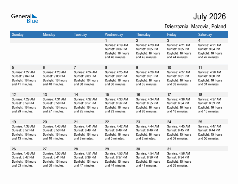 Dzierzaznia July 2026 sunrise and sunset calendar in PDF, Excel, and Word