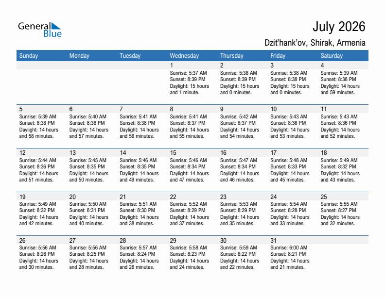 Dzit'hank'ov July 2026 sunrise and sunset calendar in PDF, Excel, and Word
