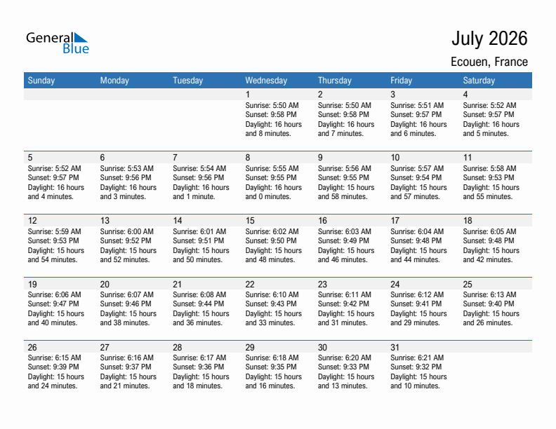 Ecouen July 2026 sunrise and sunset calendar in PDF, Excel, and Word