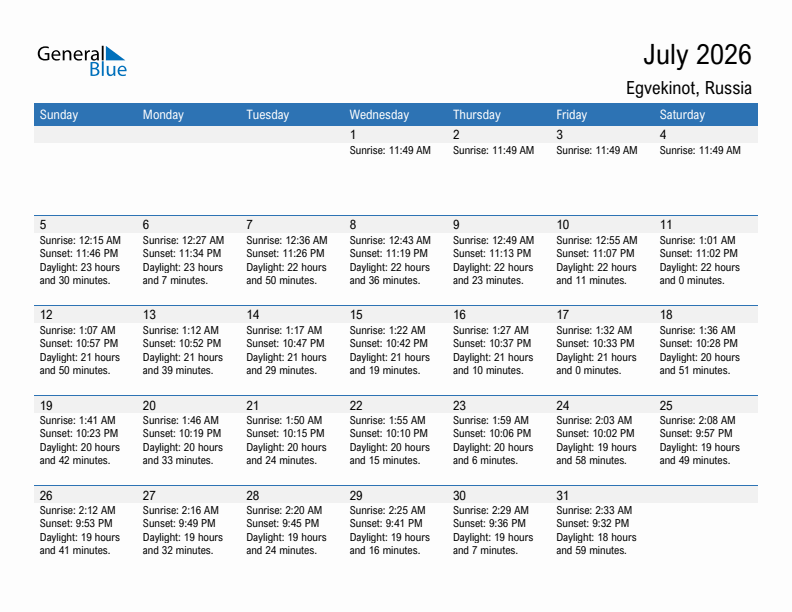 Egvekinot July 2026 sunrise and sunset calendar in PDF, Excel, and Word