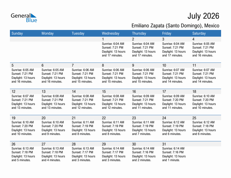 Emiliano Zapata (Santo Domingo) July 2026 sunrise and sunset calendar in PDF, Excel, and Word