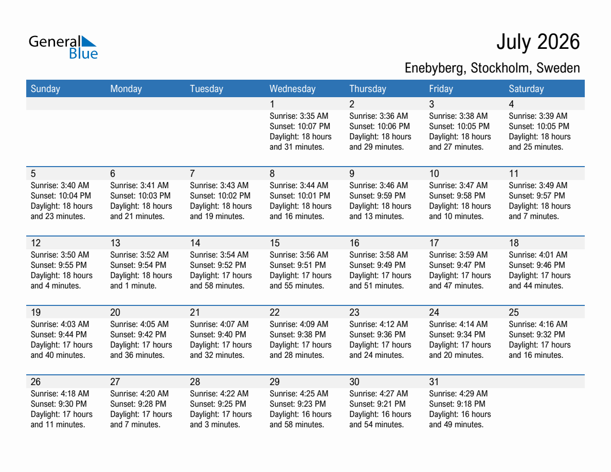 July 2026 sunrise and sunset calendar for Enebyberg