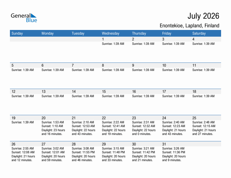 Enontekioe July 2026 sunrise and sunset calendar in PDF, Excel, and Word