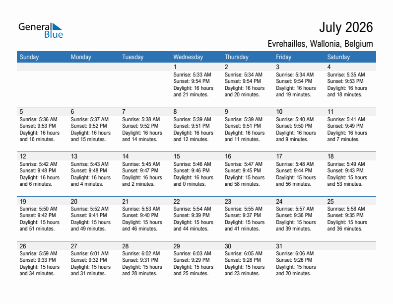 Evrehailles July 2026 sunrise and sunset calendar in PDF, Excel, and Word