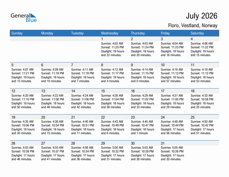 Floro July 2026 sunrise and sunset calendar in PDF, Excel, and Word