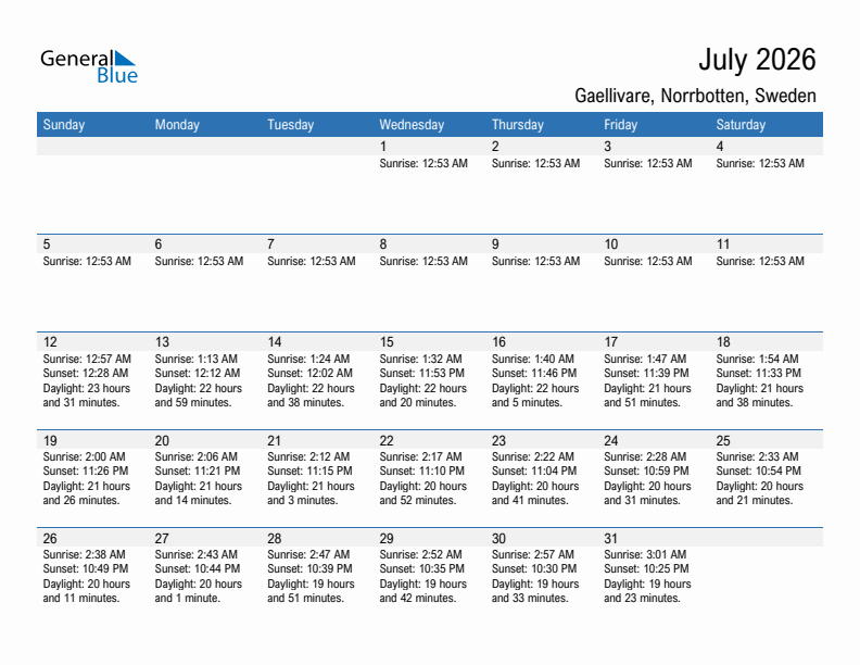 Gaellivare July 2026 sunrise and sunset calendar in PDF, Excel, and Word