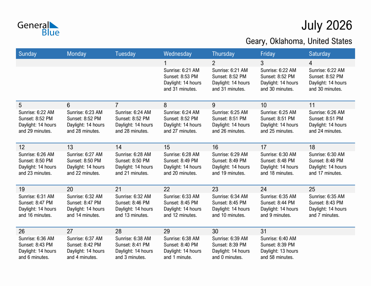 July 2026 sunrise and sunset calendar for Geary