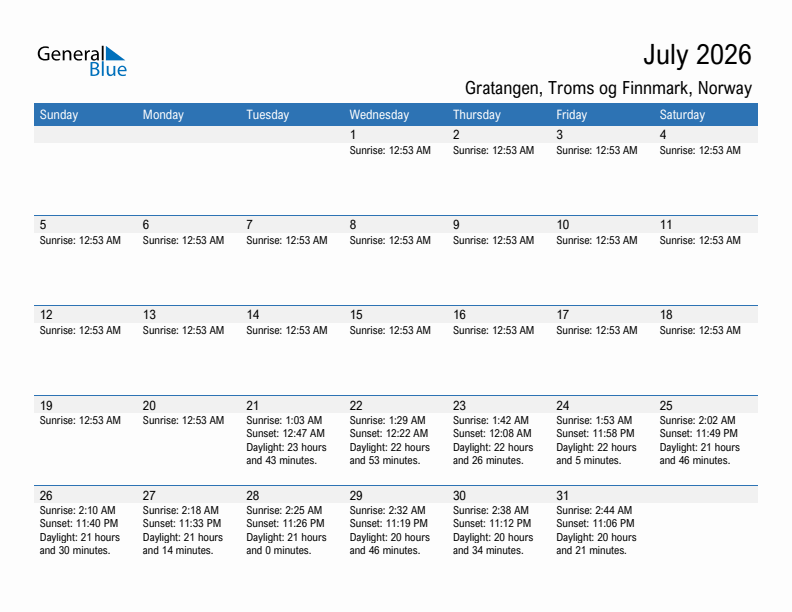 Gratangen July 2026 sunrise and sunset calendar in PDF, Excel, and Word