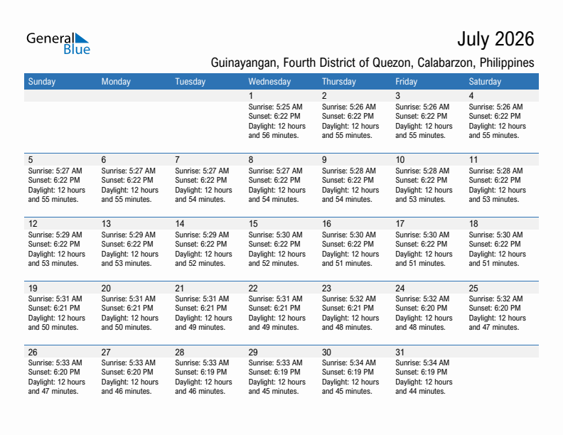 Guinayangan, Fourth District of Quezon July 2026 sunrise and sunset calendar in PDF, Excel, and Word