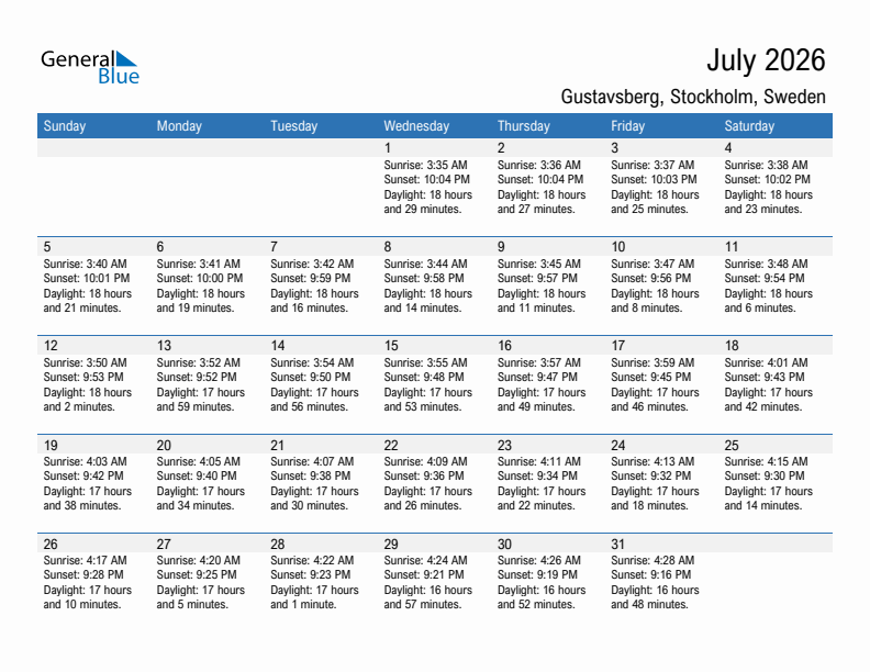 Gustavsberg July 2026 sunrise and sunset calendar in PDF, Excel, and Word