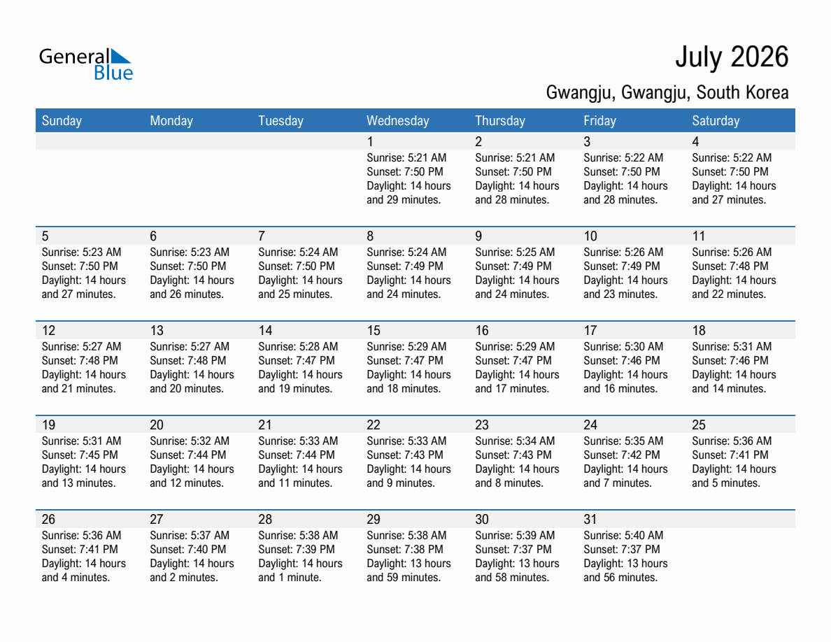 July 2026 sunrise and sunset calendar for Gwangju