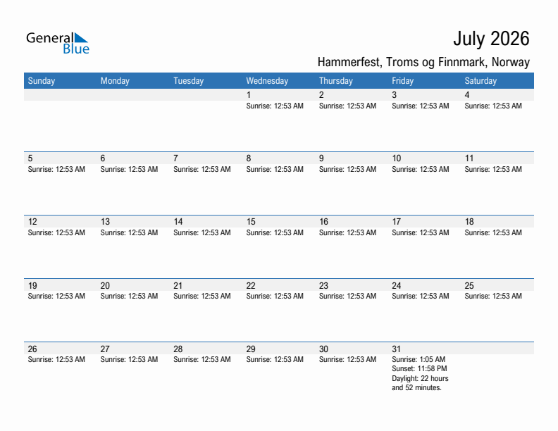 Hammerfest July 2026 sunrise and sunset calendar in PDF, Excel, and Word