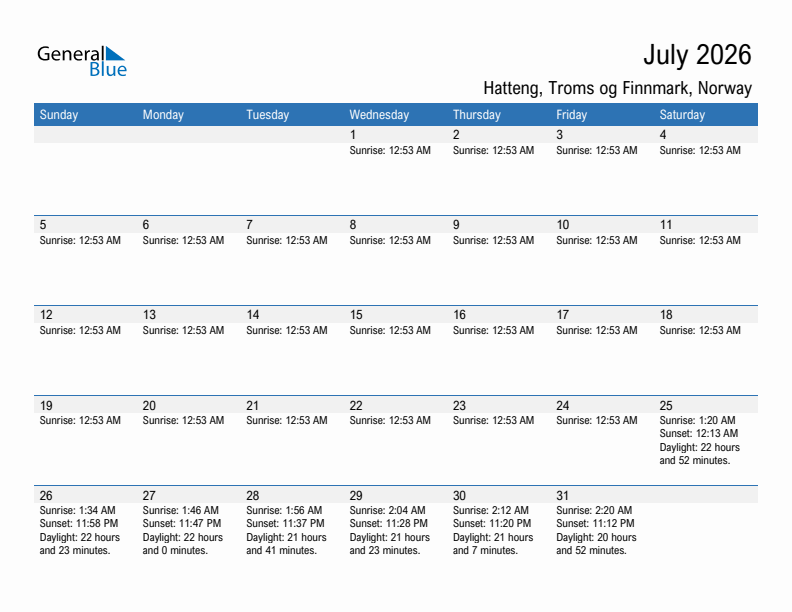 Hatteng July 2026 sunrise and sunset calendar in PDF, Excel, and Word