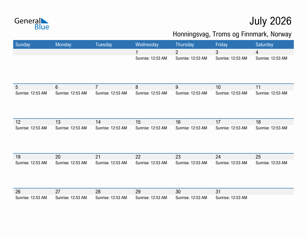 July 2026 sunrise and sunset calendar for Honningsvag