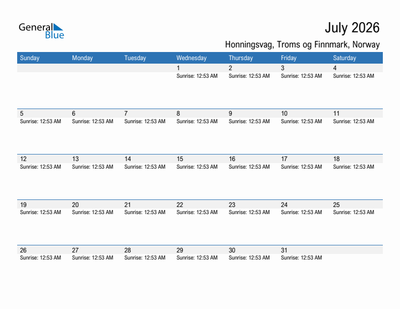 Honningsvag July 2026 sunrise and sunset calendar in PDF, Excel, and Word