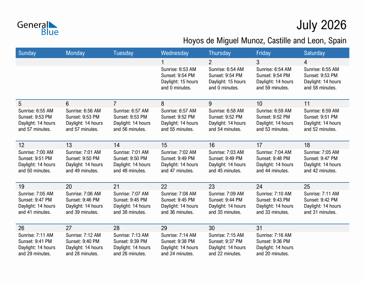 July 2026 sunrise and sunset calendar for Hoyos de Miguel Munoz