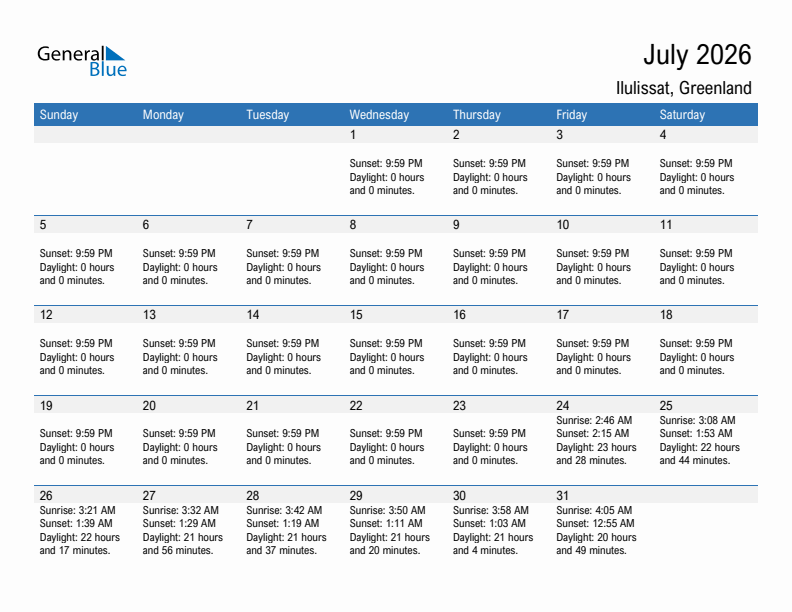 Ilulissat July 2026 sunrise and sunset calendar in PDF, Excel, and Word