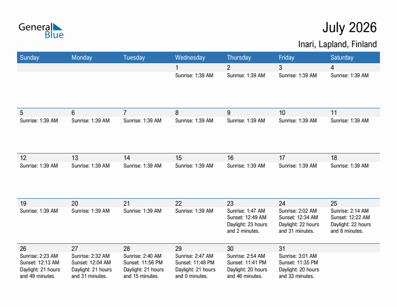 Inari July 2026 sunrise and sunset calendar in PDF, Excel, and Word