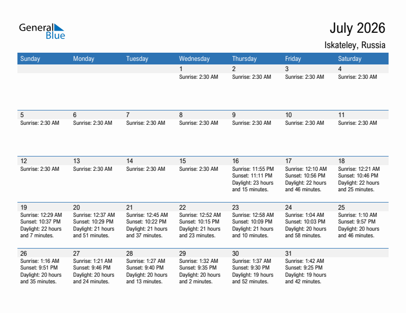 Iskateley July 2026 sunrise and sunset calendar in PDF, Excel, and Word