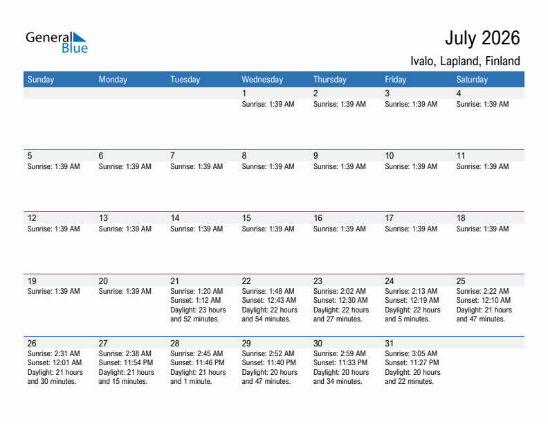 Ivalo July 2026 sunrise and sunset calendar in PDF, Excel, and Word