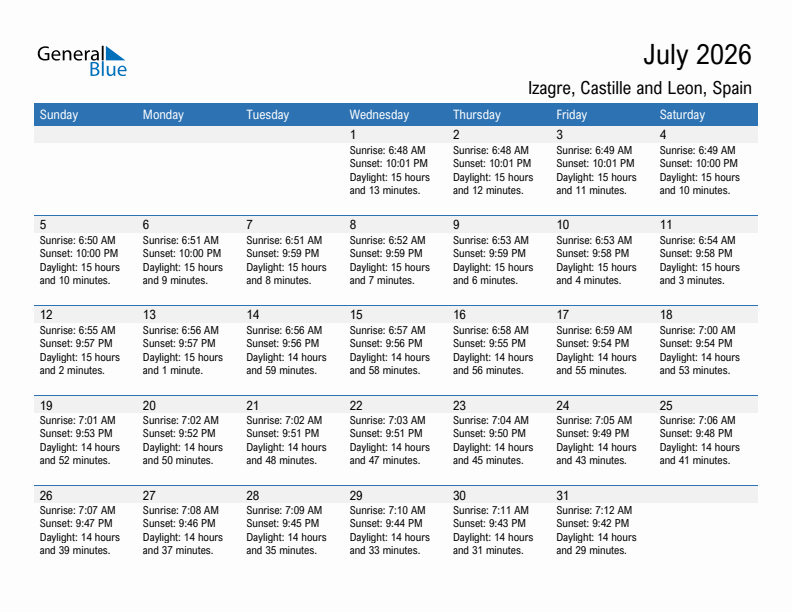 Izagre July 2026 sunrise and sunset calendar in PDF, Excel, and Word