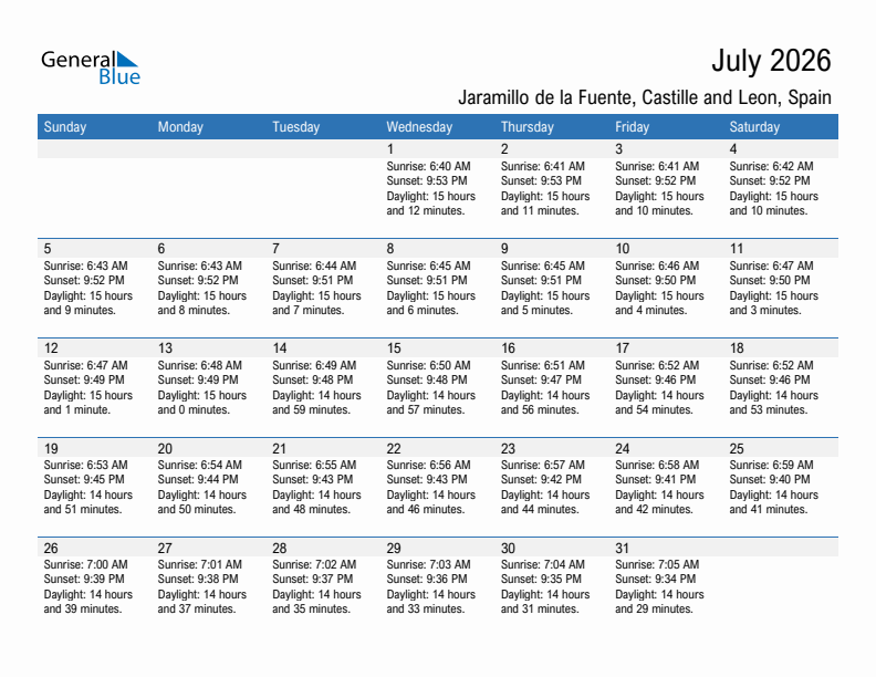 Jaramillo de la Fuente July 2026 sunrise and sunset calendar in PDF, Excel, and Word