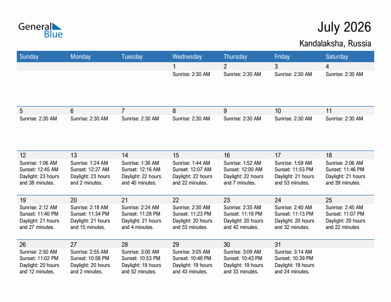 Kandalaksha July 2026 sunrise and sunset calendar in PDF, Excel, and Word