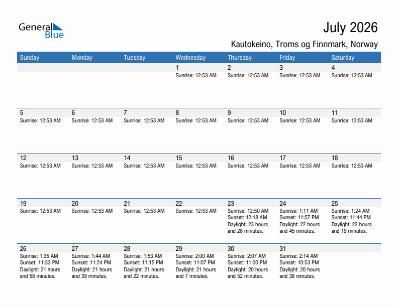 Kautokeino July 2026 sunrise and sunset calendar in PDF, Excel, and Word
