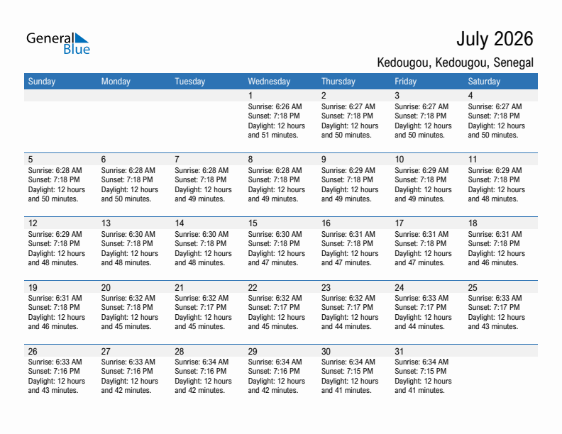 Kedougou July 2026 sunrise and sunset calendar in PDF, Excel, and Word