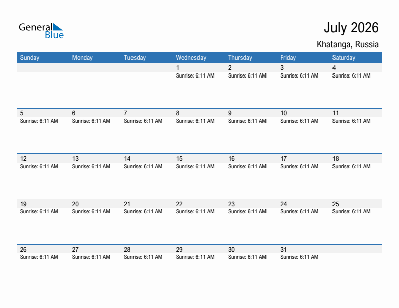 Khatanga July 2026 sunrise and sunset calendar in PDF, Excel, and Word