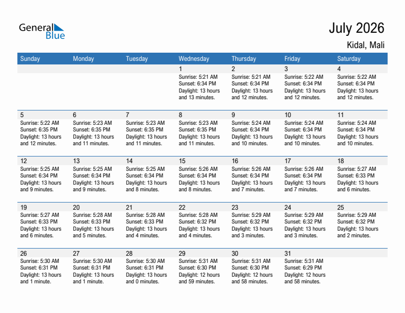 Kidal July 2026 sunrise and sunset calendar in PDF, Excel, and Word