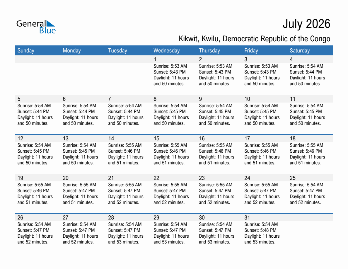 July 2026 sunrise and sunset calendar for Kikwit