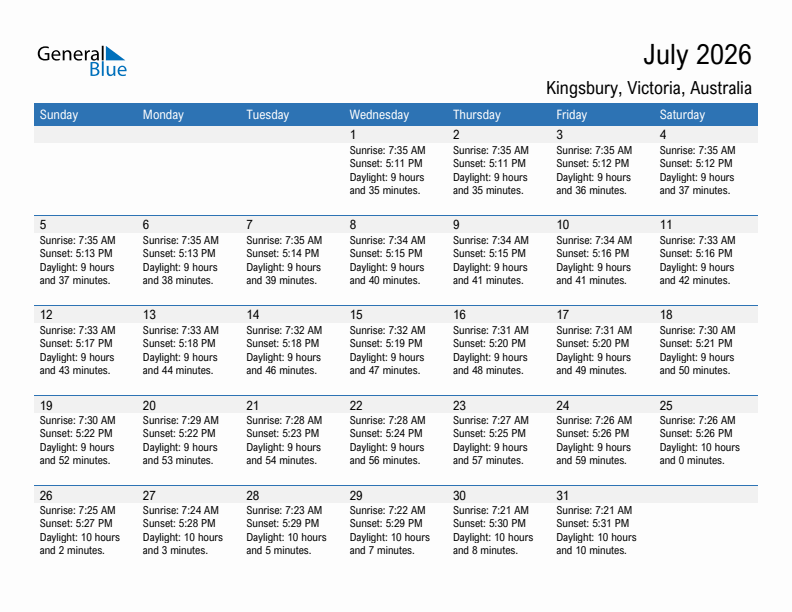 Kingsbury July 2026 sunrise and sunset calendar in PDF, Excel, and Word