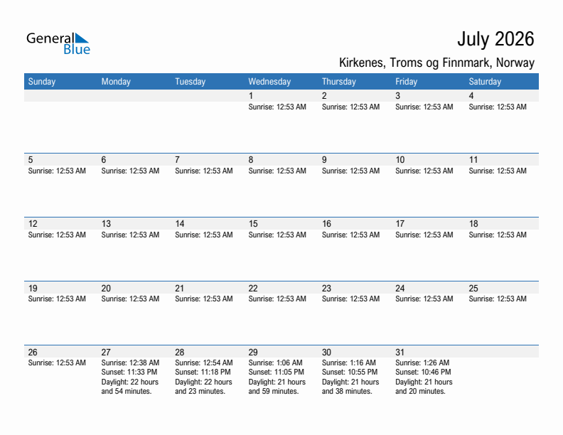 Kirkenes July 2026 sunrise and sunset calendar in PDF, Excel, and Word