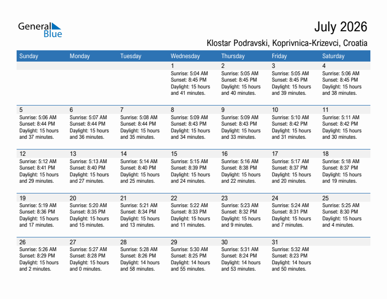 Klostar Podravski July 2026 sunrise and sunset calendar in PDF, Excel, and Word