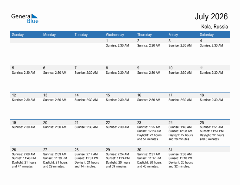 Kola July 2026 sunrise and sunset calendar in PDF, Excel, and Word