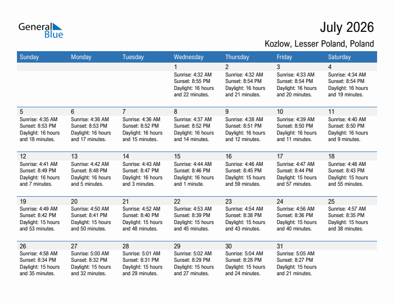 Kozlow July 2026 sunrise and sunset calendar in PDF, Excel, and Word