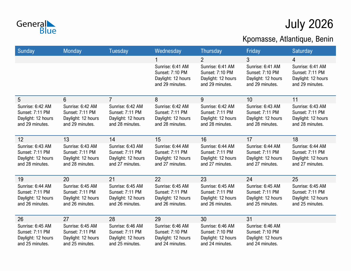 July 2026 sunrise and sunset calendar for Kpomasse