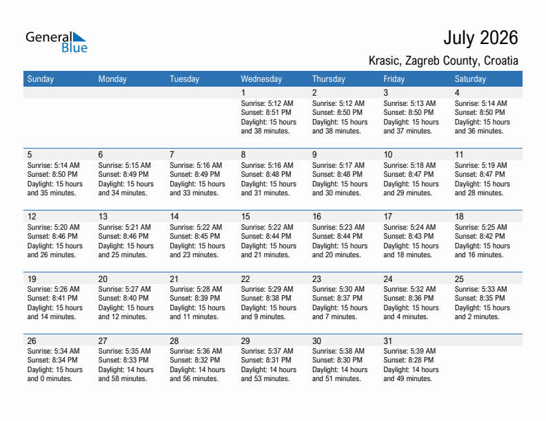 Krasic July 2026 sunrise and sunset calendar in PDF, Excel, and Word
