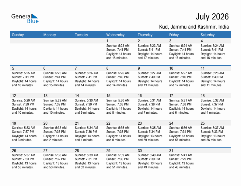 Kud July 2026 sunrise and sunset calendar in PDF, Excel, and Word