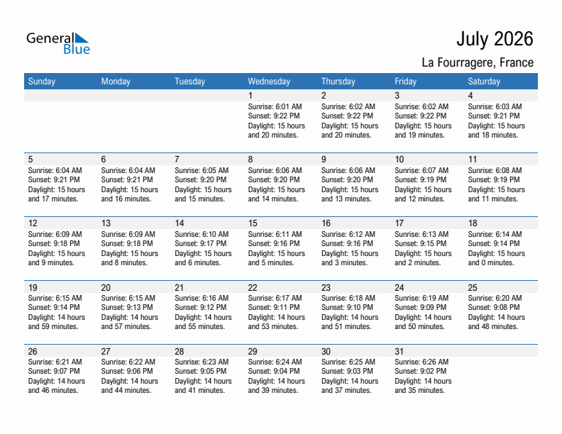 La Fourragere July 2026 sunrise and sunset calendar in PDF, Excel, and Word