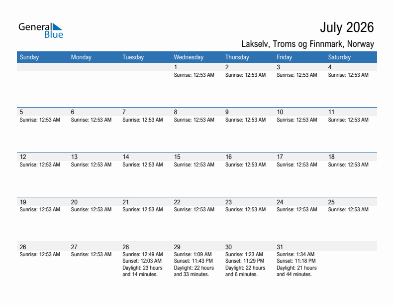 Lakselv July 2026 sunrise and sunset calendar in PDF, Excel, and Word