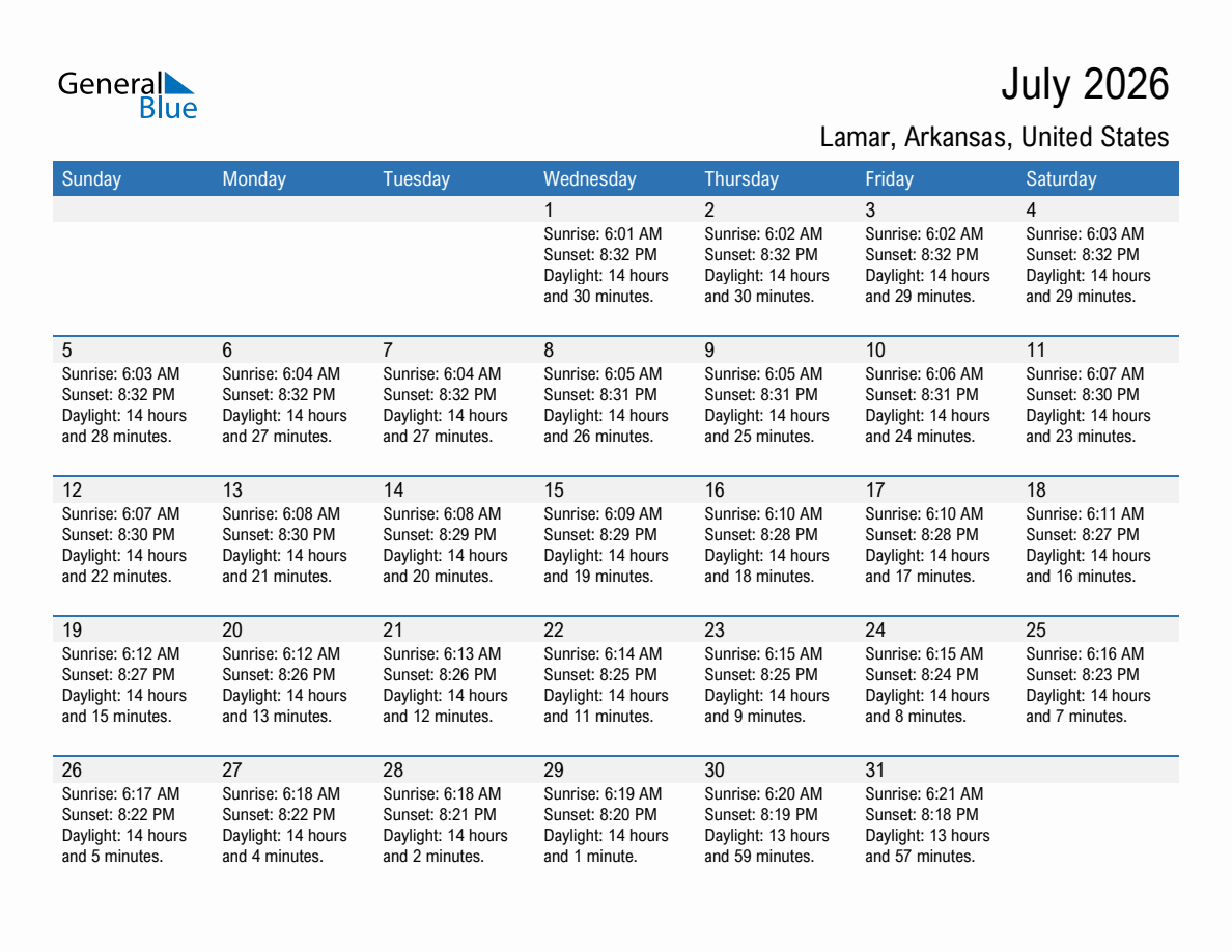 July 2026 sunrise and sunset calendar for Lamar
