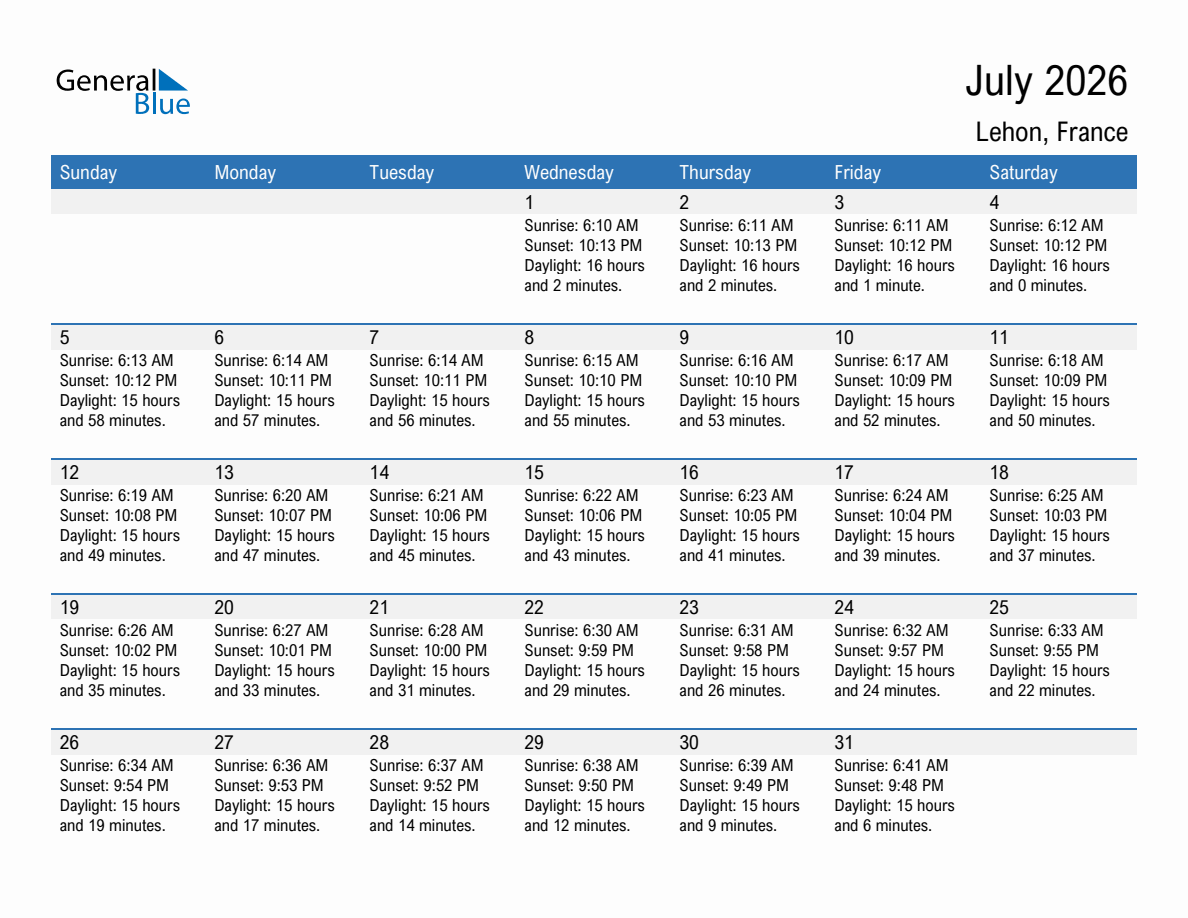 July 2026 sunrise and sunset calendar for Lehon