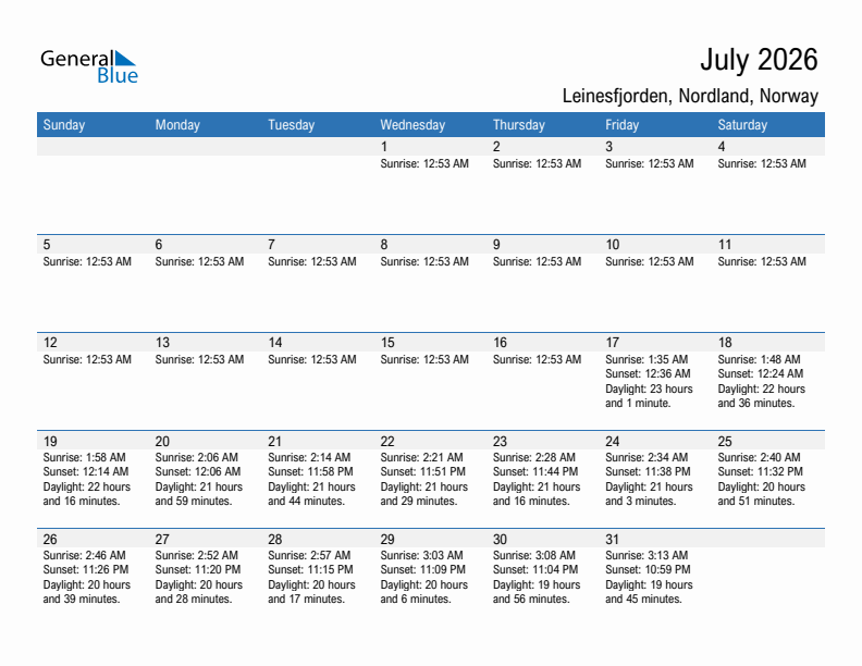 Leinesfjorden July 2026 sunrise and sunset calendar in PDF, Excel, and Word