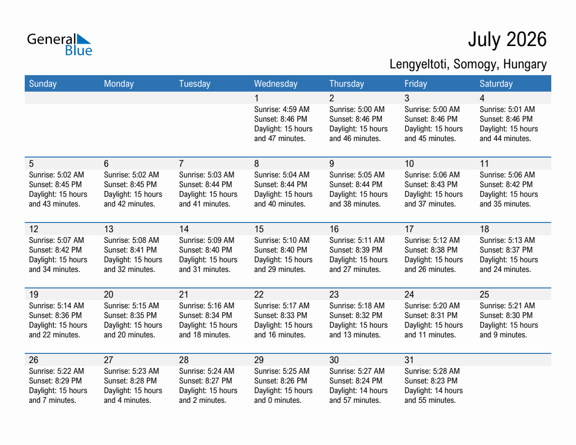 July 2026 sunrise and sunset calendar for Lengyeltoti