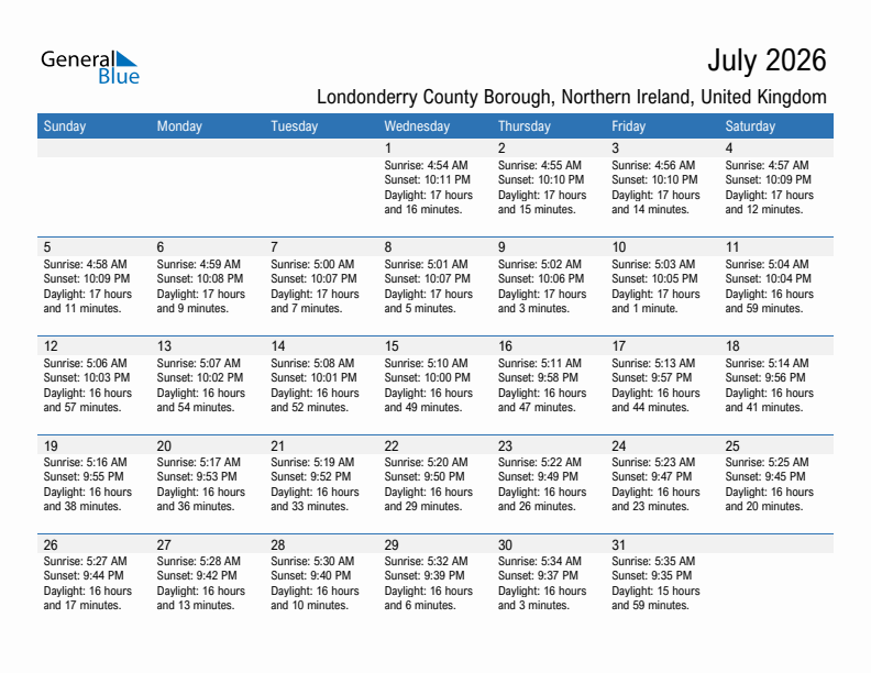 Londonderry County Borough July 2026 sunrise and sunset calendar in PDF, Excel, and Word